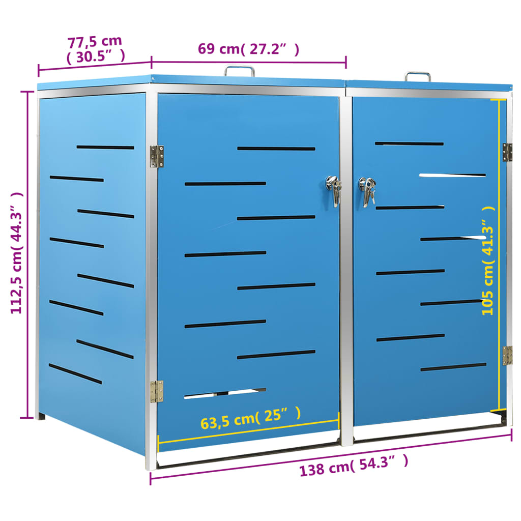 vidaXL Πλαίσιο Κάδων Απορρ. Διπλό με Ρόδες 138x77,5x115,5 εκ Αν. Ατσά.