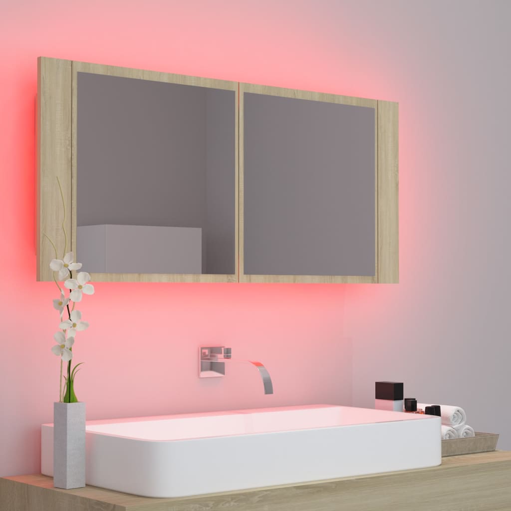 vidaXL Ντουλάπι Μπάνιου με Καθρέφτη & LED Sonoma Δρυς Ακρυλικός