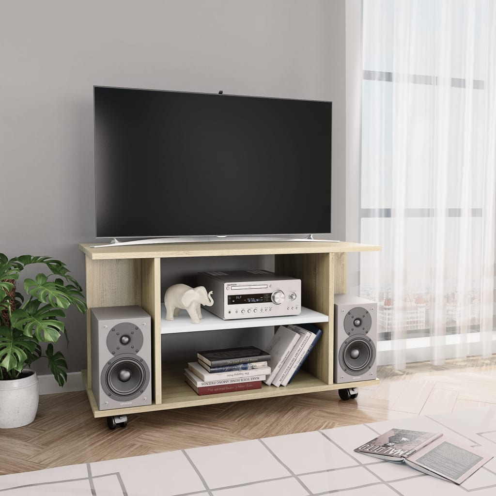 vidaXL Έπιπλο TV με Ρόδες Λευκό / Sonoma Δρυς 80x40x45 εκ. Επεξ. Ξύλο