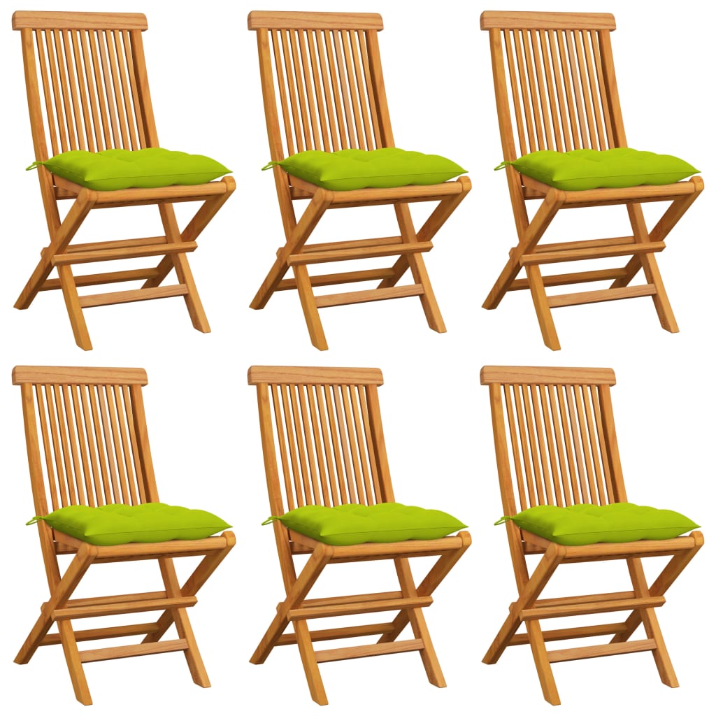 vidaXL Καρέκλες Κήπου 6 τεμ. Μασίφ Ξύλο Teak Φωτεινά Πράσινα Μαξιλάρια