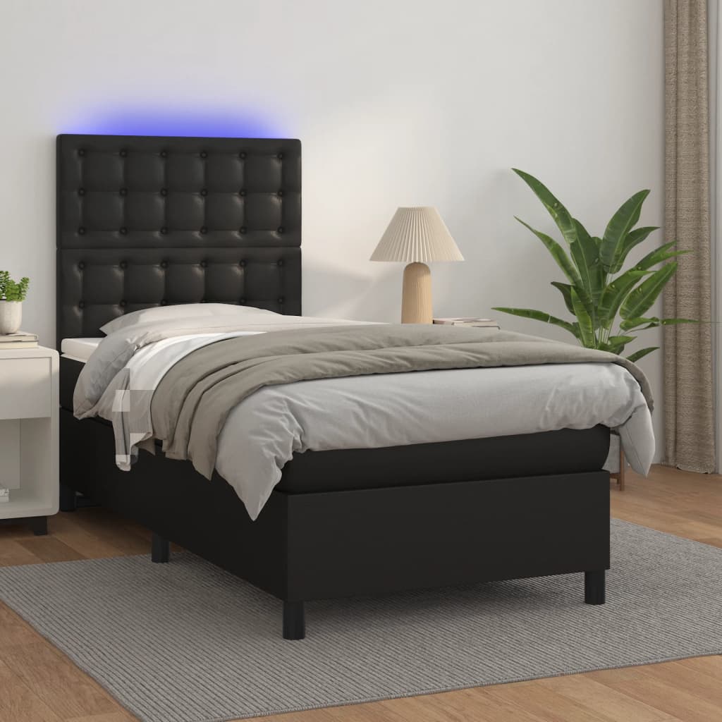 vidaXL Κρεβάτι Boxspring με Στρώμα & LED Μαύρο 90x190 εκ. Συνθ. Δέρμα