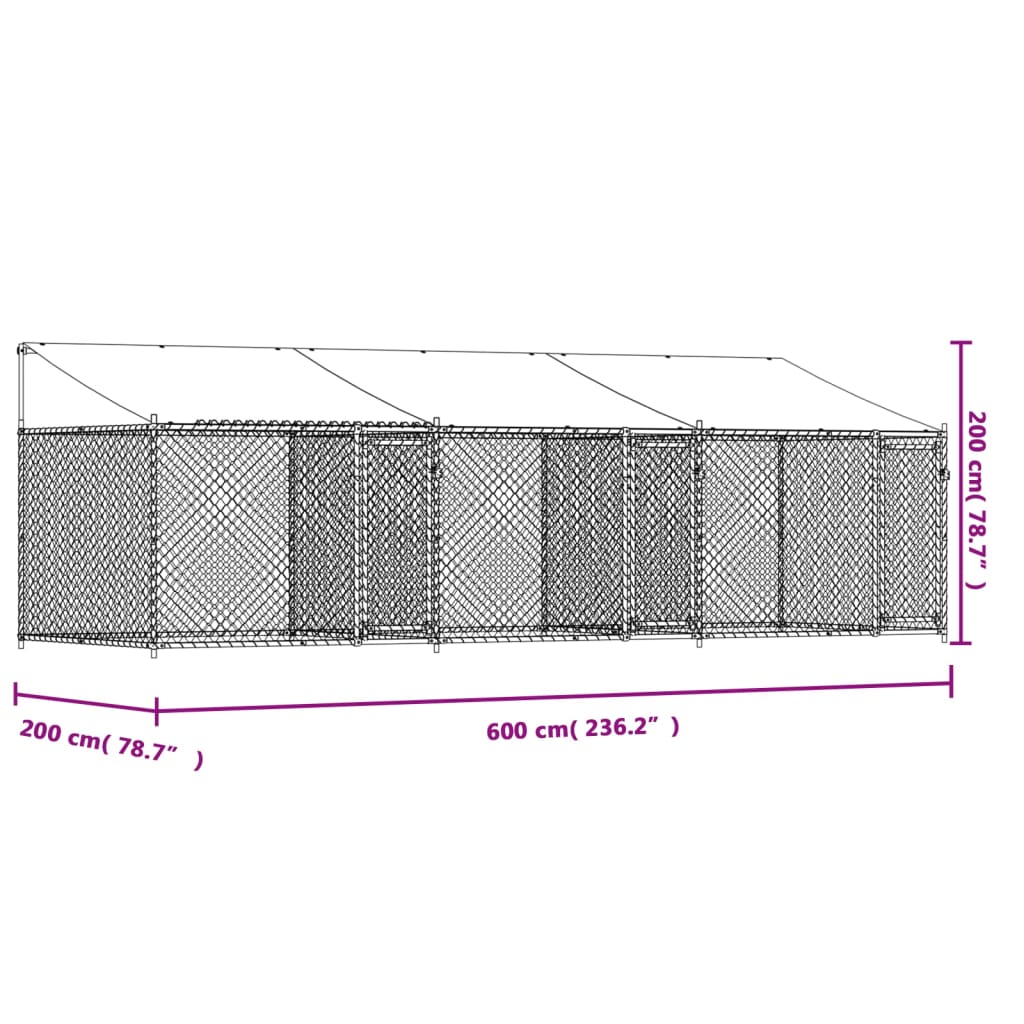 vidaXL Κλουβί Σκύλου με Οροφή και Πόρτες Γκρι 6x2x2 μ. Γαλβ. Χάλυβας