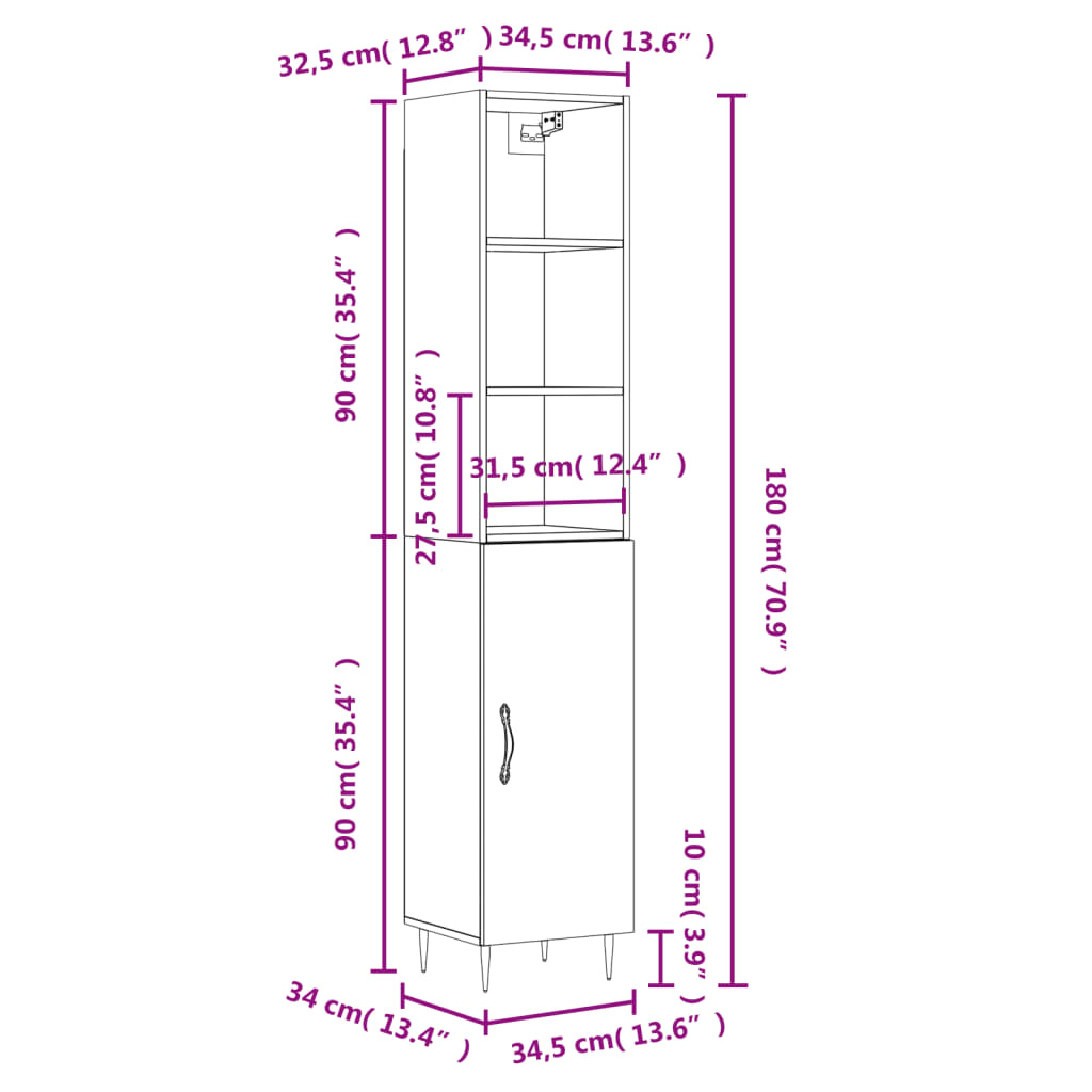 vidaXL Ντουλάπι Γυαλ. Λευκό 34,5 x 34 x 180 εκ. από Επεξεργασμένο Ξύλο