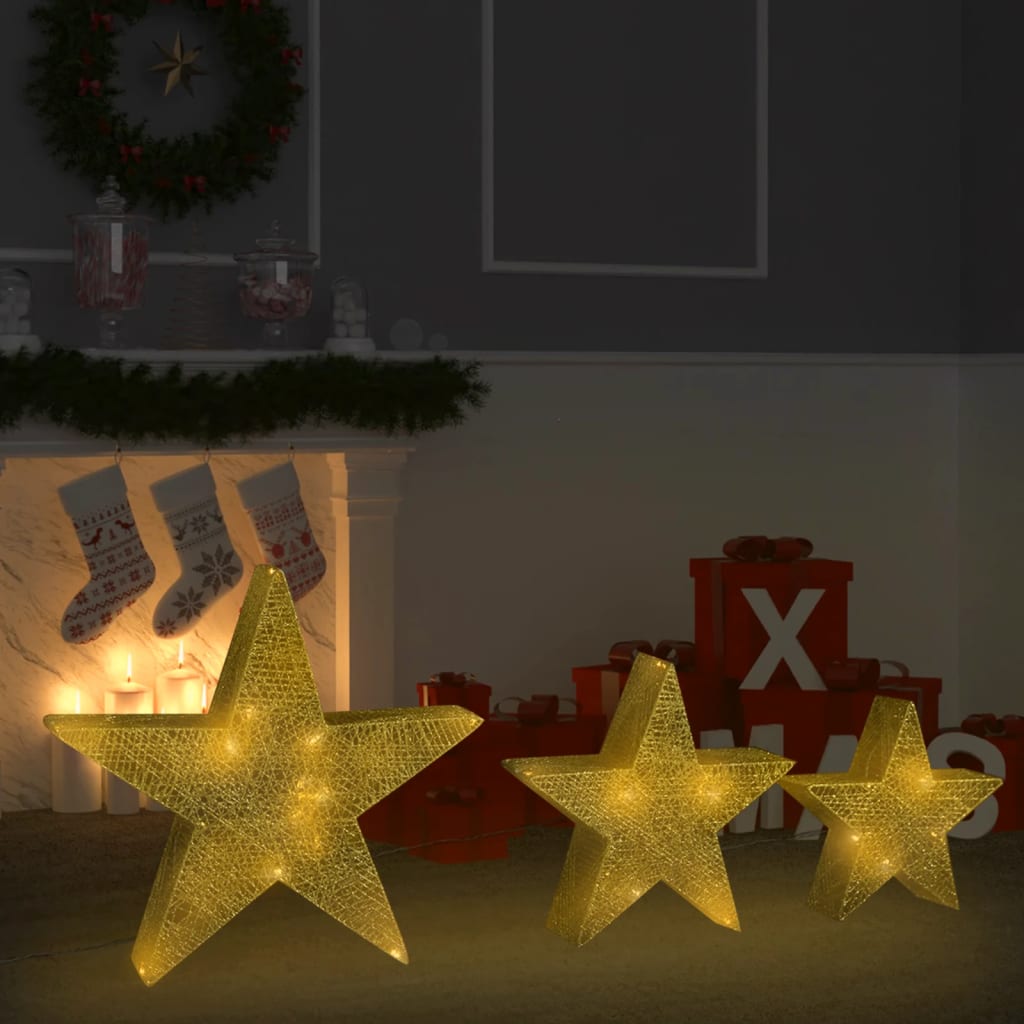 vidaXL Χριστουγεννιάτικα Αστέρια Εξ./Εσ. Χώρου 3 τεμ. Χρυσά LED Πλέγμα