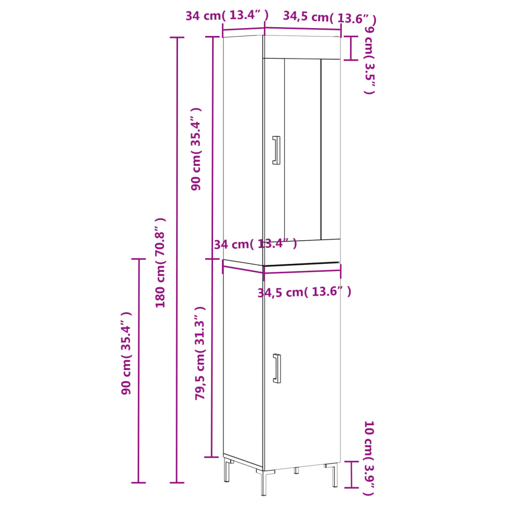 vidaXL Ντουλάπι Καφέ Δρυς 34,5 x 34 x 180 εκ. από Επεξεργασμένο Ξύλο