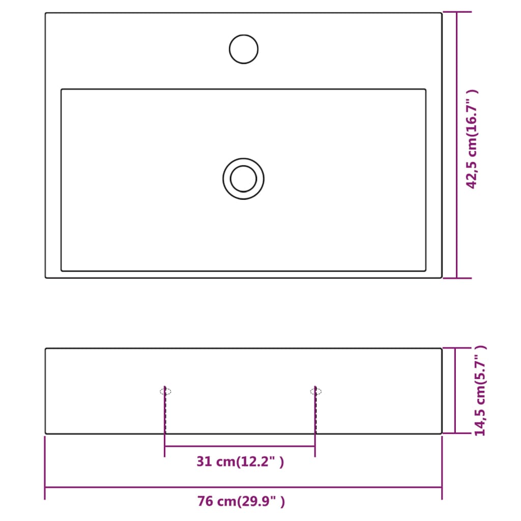 vidaXL Νιπτήρας με Οπή Βρύσης Λευκός 76 x 42,5 x 14,5 εκ. Κεραμικός