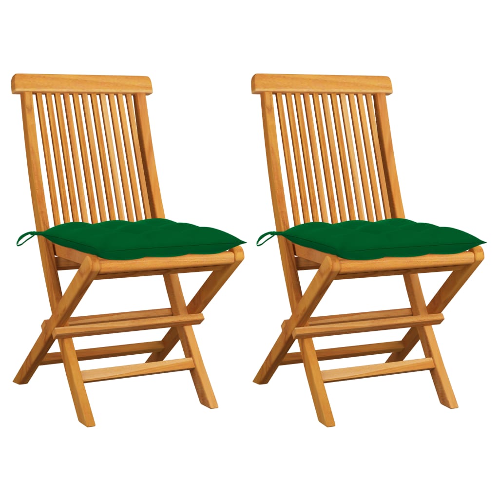 vidaXL Καρέκλες Κήπου 2 τεμ. από Μασίφ Ξύλο Teak με Πράσινα Μαξιλάρια