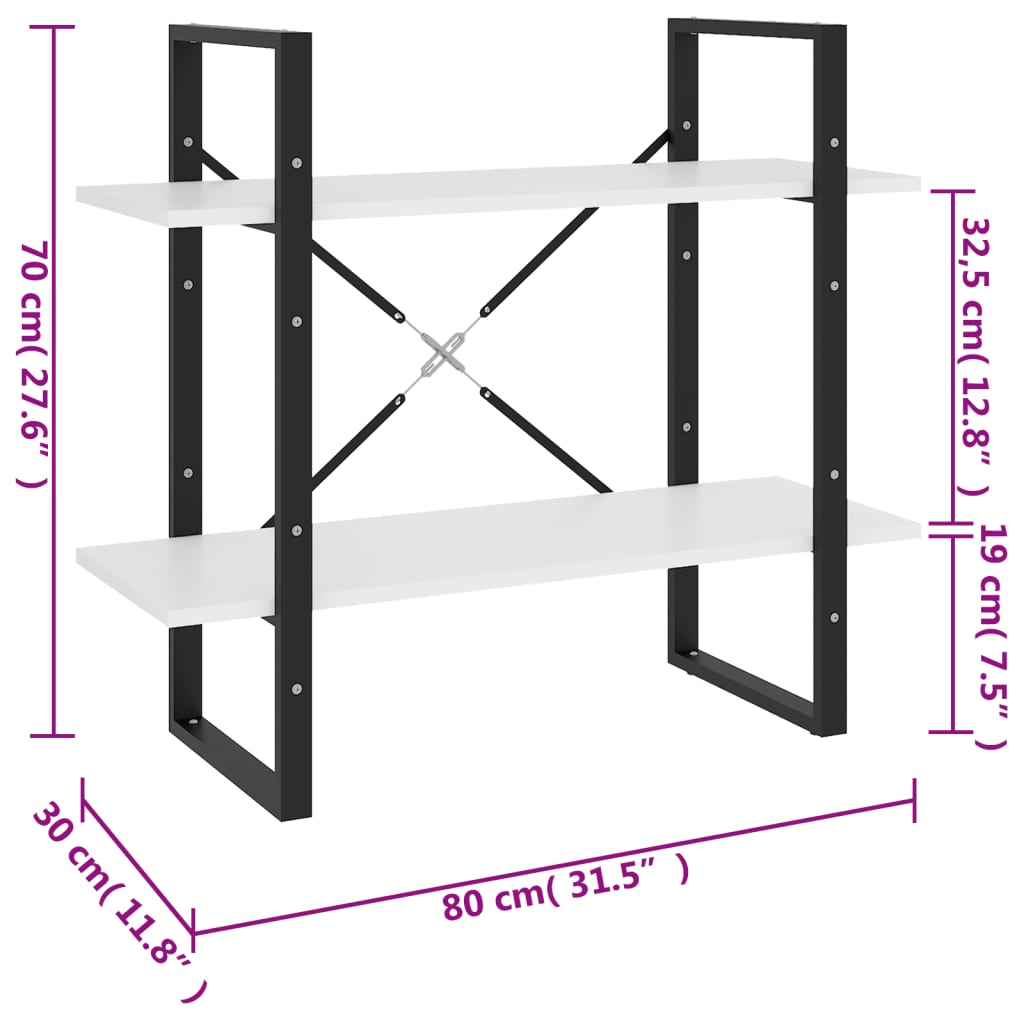vidaXL Βιβλιοθήκη με 2 Ράφια Λευκή 80 x 30 x 70 εκ. από Μοριοσανίδα
