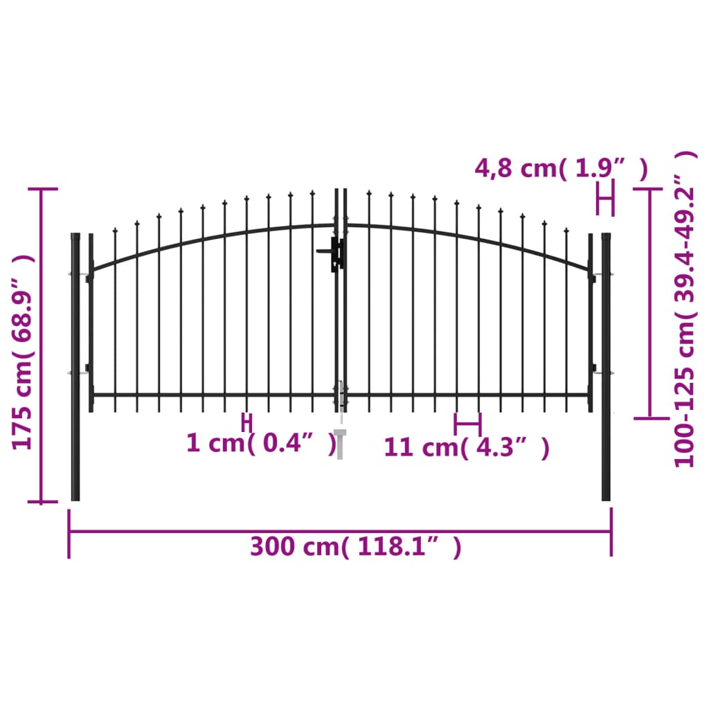 vidaXL Καγκελόπορτα Διπλή με Ακίδες Μαύρη 3 x 1,25 μ. Ατσάλινη