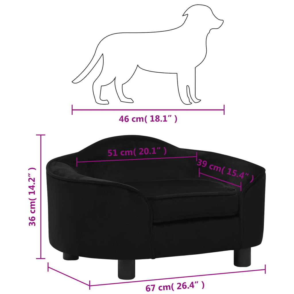 vidaXL Καναπές - Κρεβάτι Σκύλου Μαύρος 67 x 47 x 36 εκ. Βελουτέ