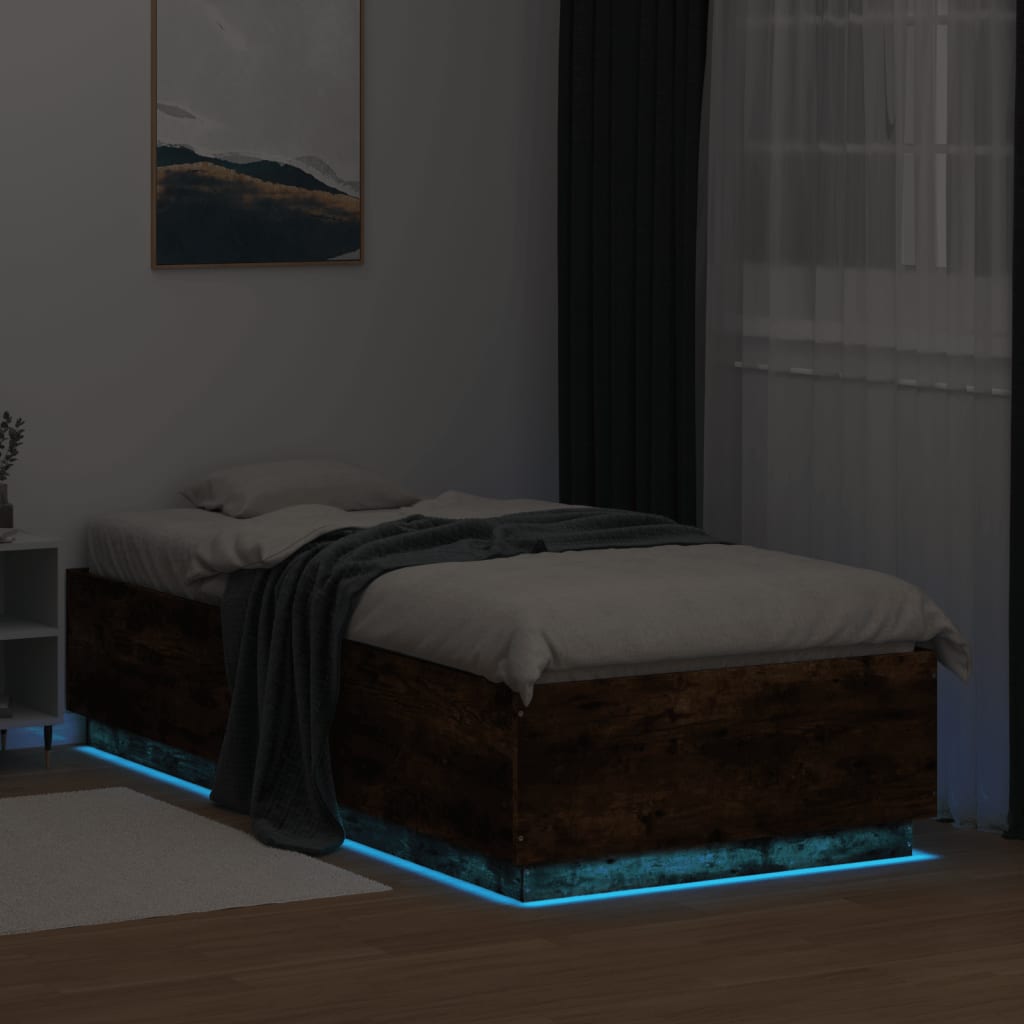 vidaXL Πλαίσιο Κρεβατιού με LED Καπνιστή Δρυς 90x200 εκ. Επεξεργ. Ξύλο