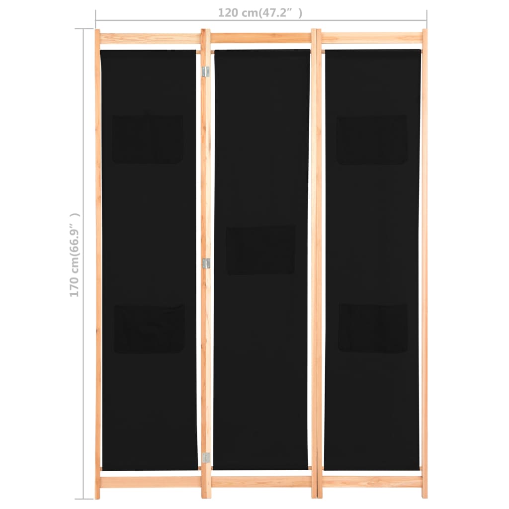 vidaXL Διαχωριστικό Δωματίου με 3 Πάνελ Μαύρο 120x170x4 εκ. Υφασμάτινο