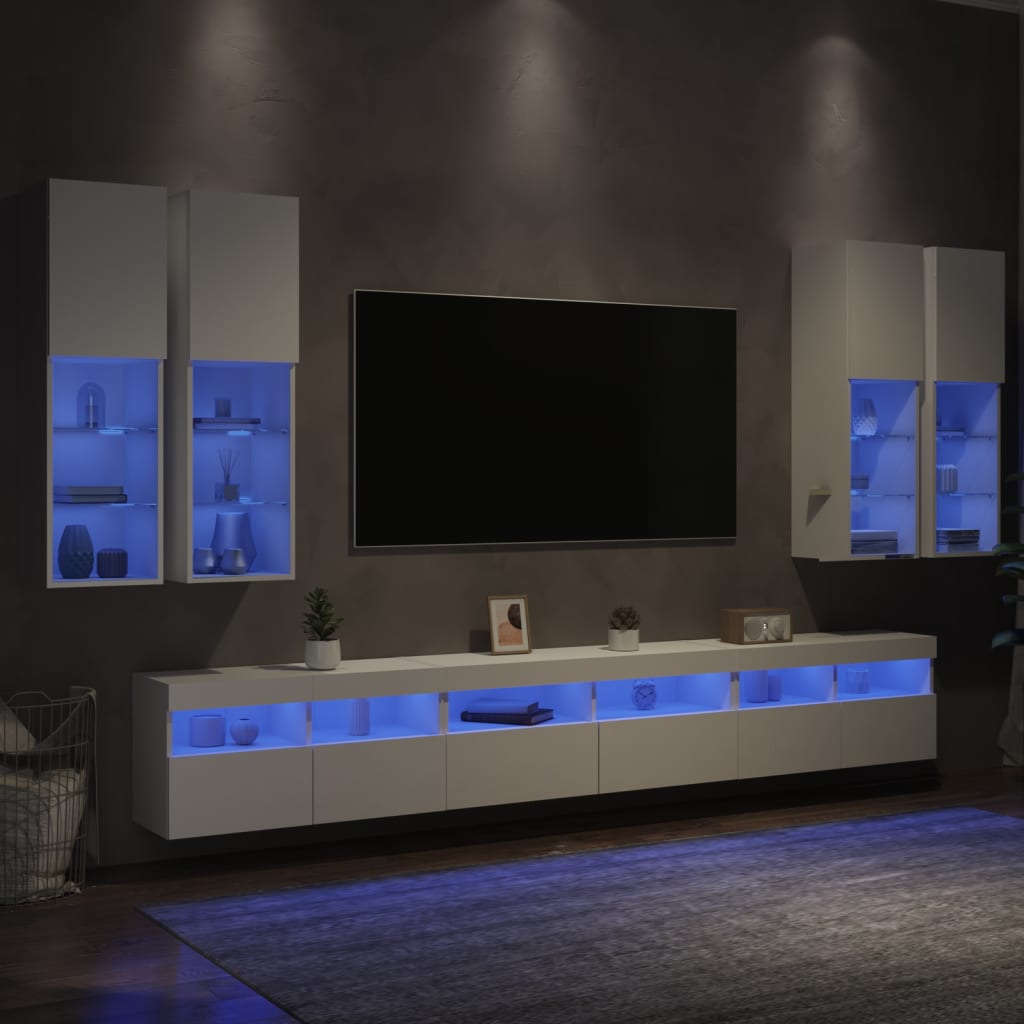 vidaXL Ντουλάπια Τηλεόρασης Τοίχου Σετ 7 τεμ. με Φώτα LED Λευκά