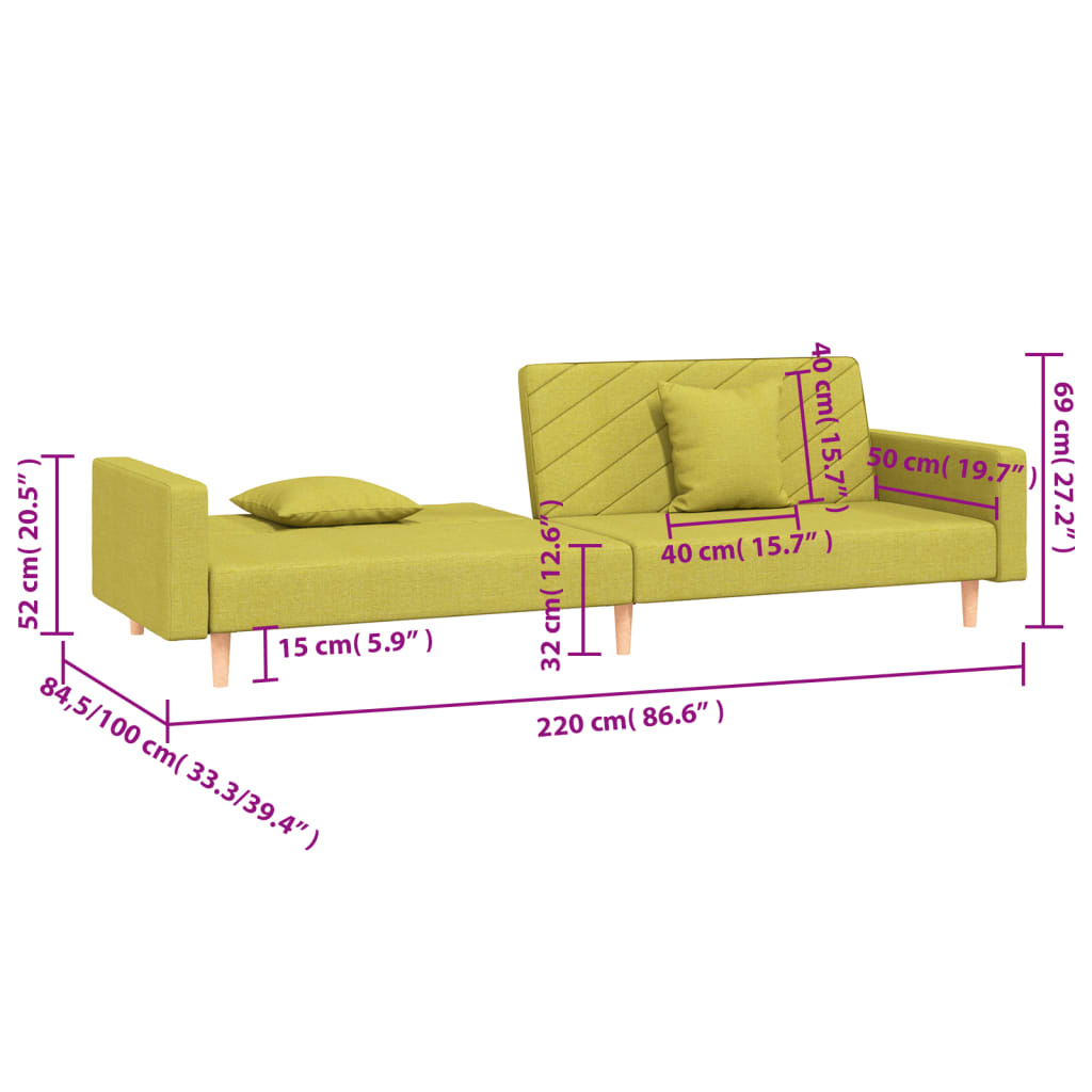 vidaXL Καναπές Κρεβάτι Διθέσιος Πράσινος Υφασμάτινος με Δύο Μαξιλάρια