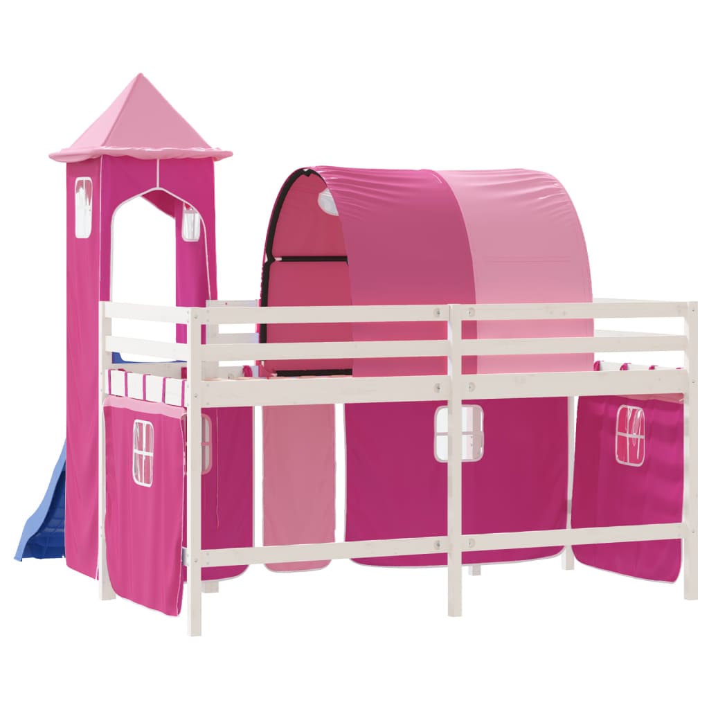 vidaXL Υπερυψωμένο Κρεβάτι με Πύργο Ροζ 80x200 εκ. Μασίφ Ξύλο Πεύκου