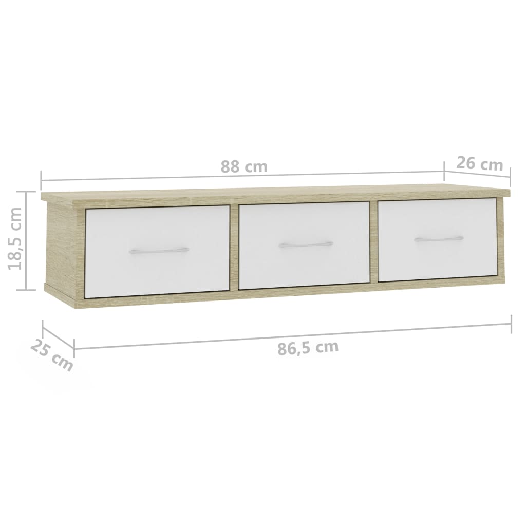 vidaXL Ράφι Τοίχου με Συρτάρια Λευκό/Sonoma 88x26x18,5 εκ. Μοριοσανίδα