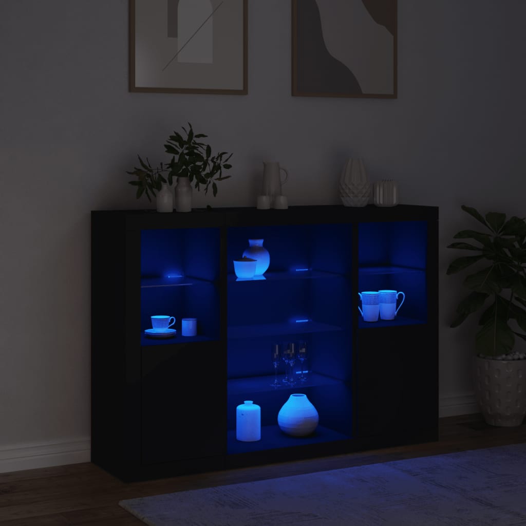 vidaXL Μπουφέδες με Φώτα LED 3 τεμ. Μαύροι από Επεξεργασμένο Ξύλο