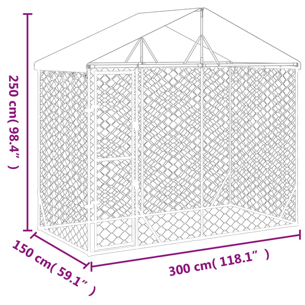 vidaXL Κλουβί Σκύλου Εξ. Χώρου με Οροφή Ασημί 3x1,5x2,5 μ Γαλβ. Ατσάλι