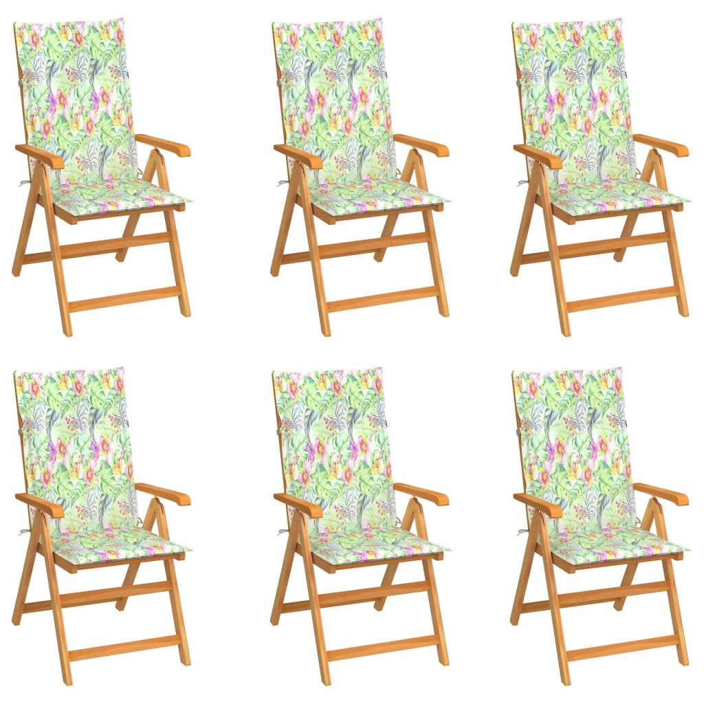 vidaXL Καρέκλες Κήπου 6 τεμ. Μασίφ Ξύλο Teak & Μαξιλάρια Σχέδιο Φύλλων
