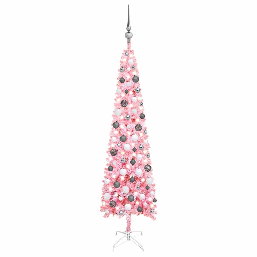 vidaXL Χριστουγεννιάτικο Δέντρο Προφωτ. Slim με Μπάλες Ροζ 150εκ