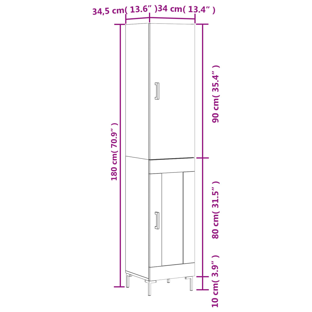 vidaXL Ντουλάπι Λευκός 34,5 x 34 x 180 εκ. από Επεξεργασμένο Ξύλο