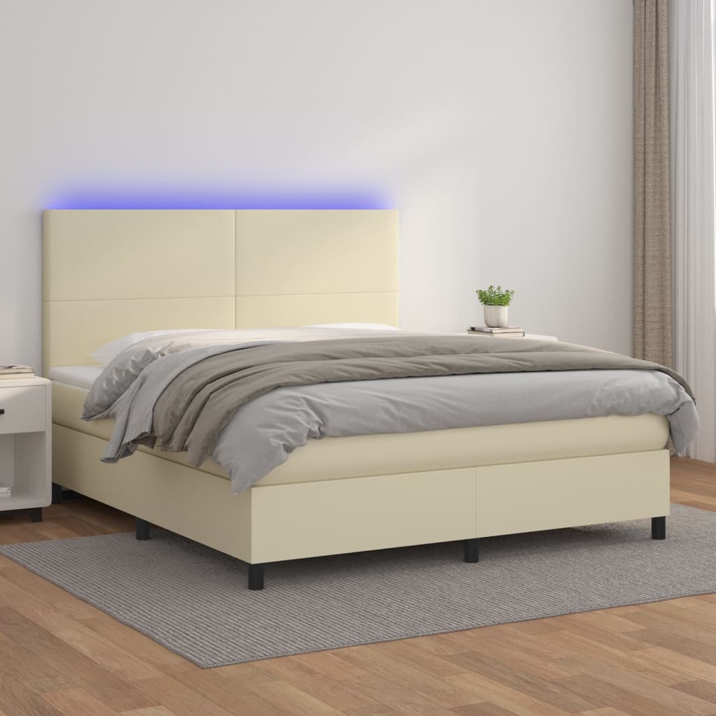 vidaXL Κρεβάτι Boxspring με Στρώμα & LED Κρεμ 180x200 εκ. Συνθ. Δέρμα