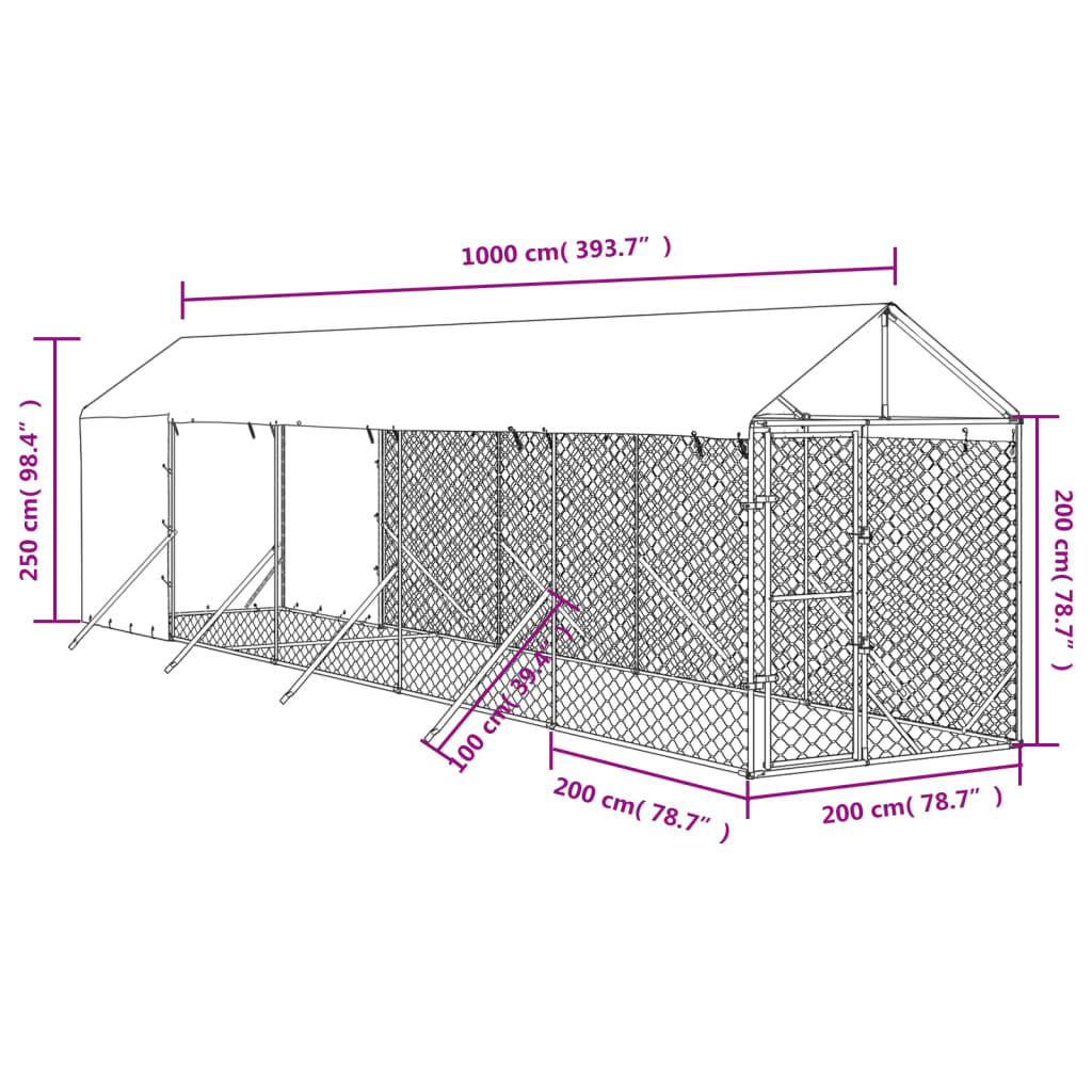 vidaXL Κλουβί Σκύλου Εξ. Χώρου με Οροφή Ασημί 2x10x2,5 μ. Γαλβ. Ατσάλι