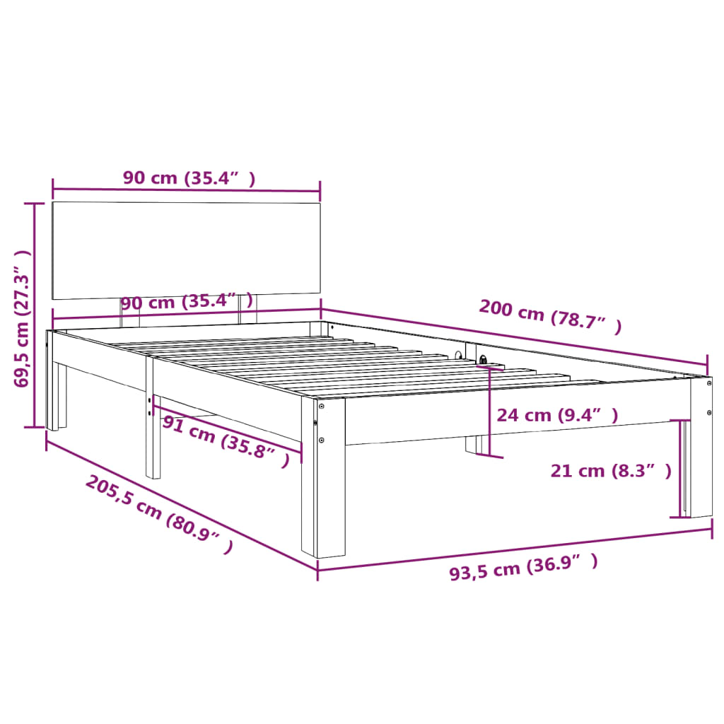 vidaXL Πλαίσιο Κρεβατιού Γκρι 90 x 200 εκ. από Μασίφ Ξύλο Πεύκου