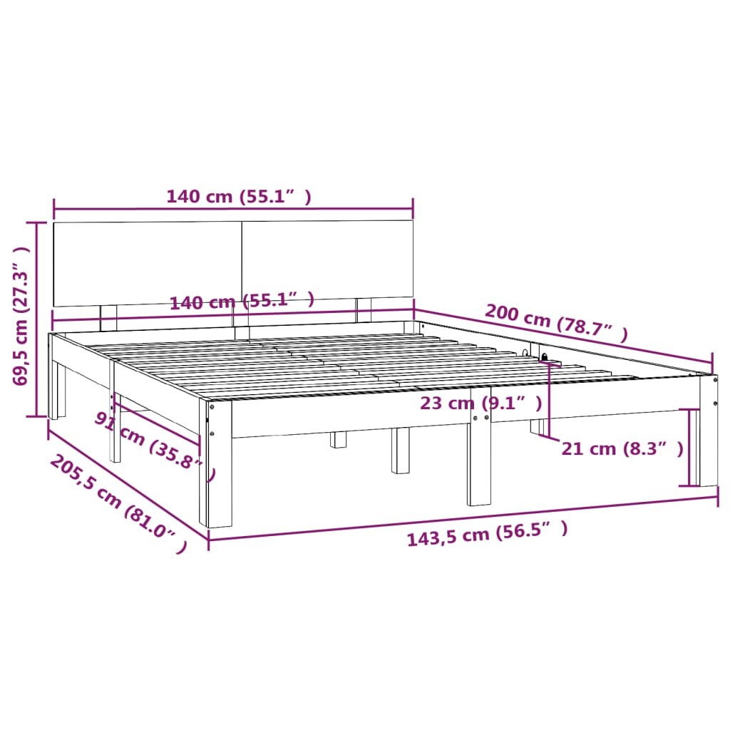 vidaXL Πλαίσιο Κρεβατιού Γκρι 140 x 200 εκ. από Μασίφ Ξύλο Πεύκου