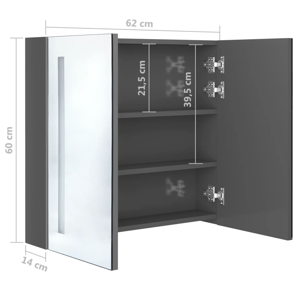 vidaXL Ντουλάπι Μπάνιου με Καθρέφτη & LED Γυαλ. Γκρι 62 x 14 x 60 εκ.