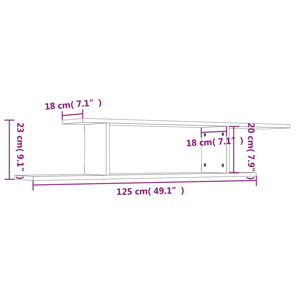 vidaXL Ράφι Τηλεόρασης Επιτοίχιο Γκρι Σκυρ. 125x18x23 εκ. Επεξ. Ξύλο