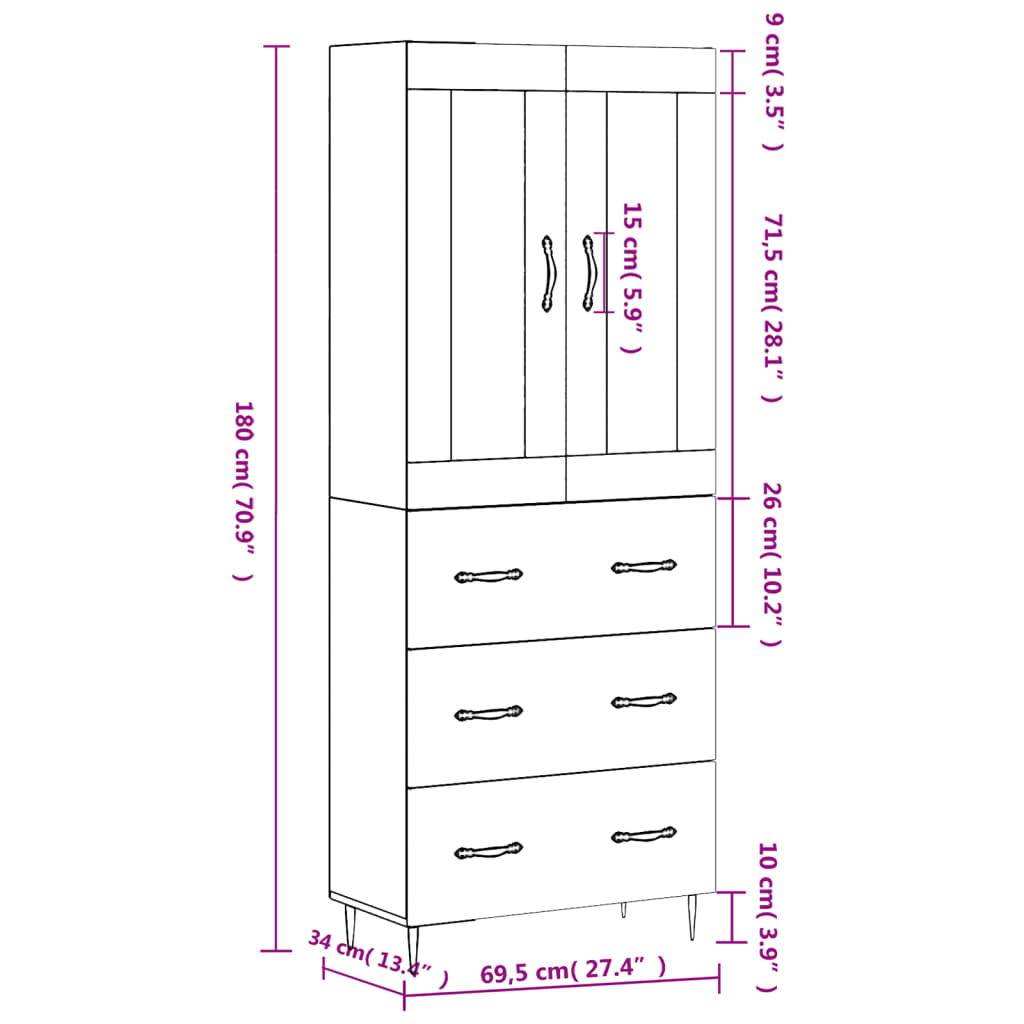 vidaXL Ντουλάπι Καφέ Δρυς 69,5 x 34 x 180 εκ. από Επεξεργασμένο Ξύλο