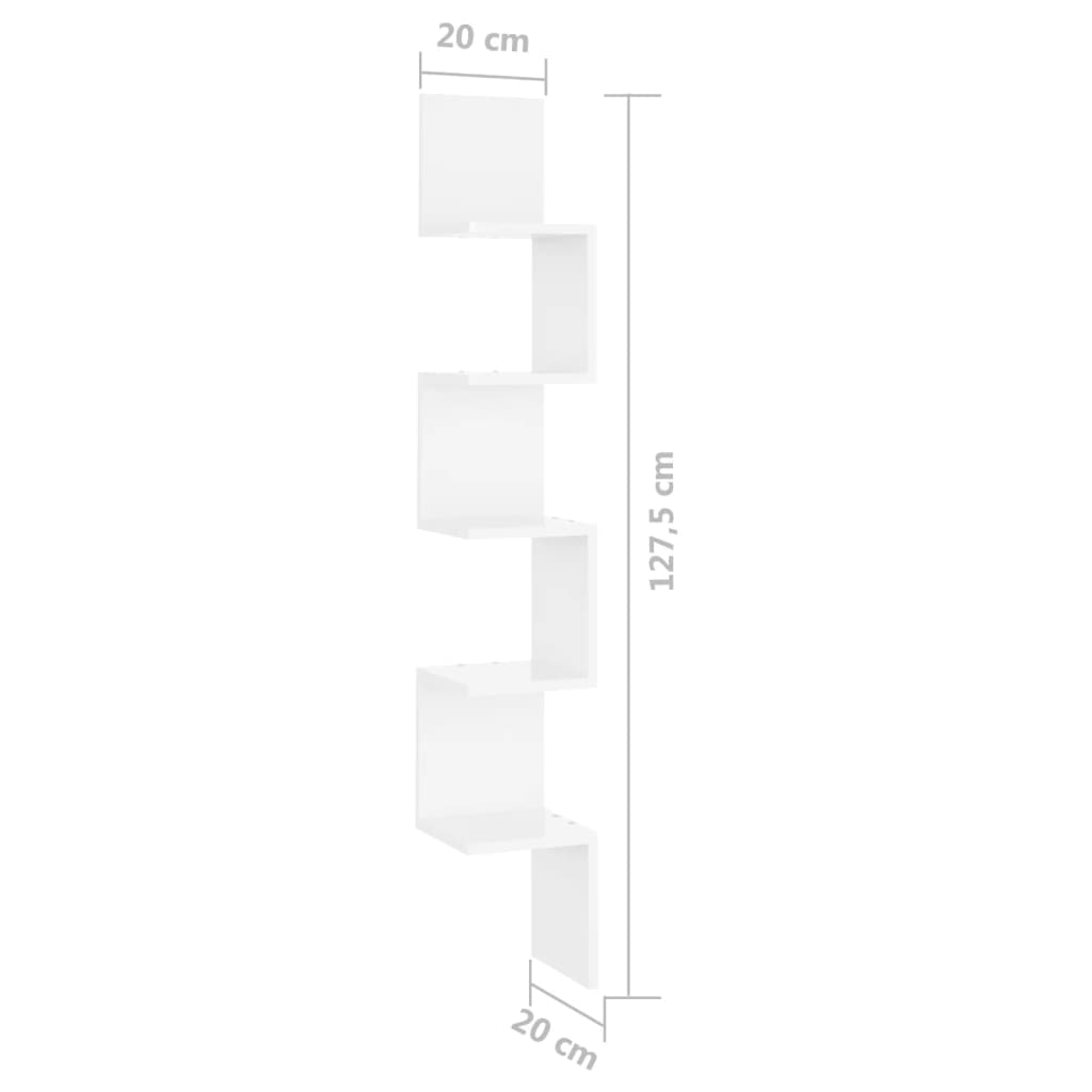 vidaXL Γωνιακή Ραφιέρα Τοίχου Γυαλ. Λευκή 20x20x127,5 εκ. Μοριοσανίδα