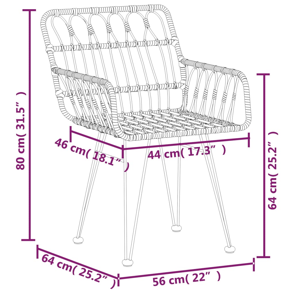 vidaXL Καρέκλες Κήπου 2 τεμ. 56 x 64 x 80 εκ. Ρατάν Πολυαιθυλενίου