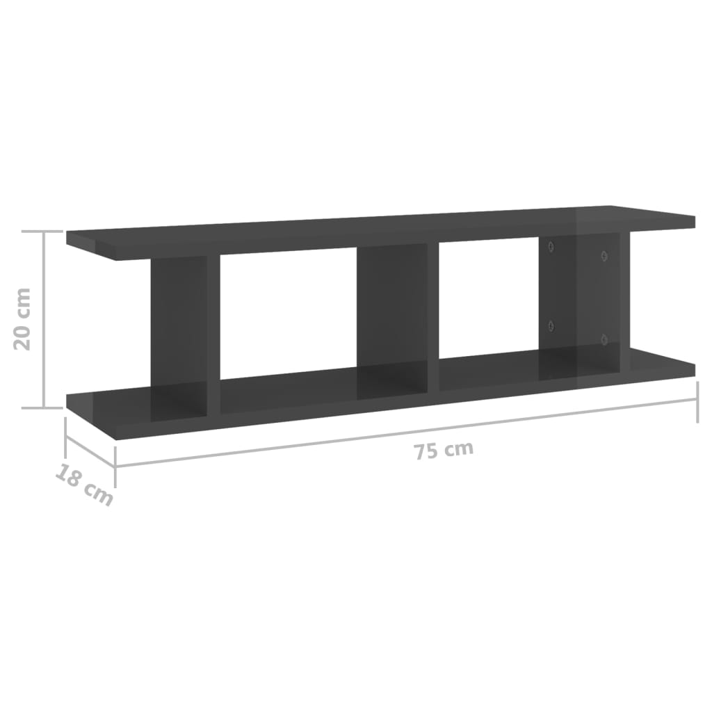 vidaXL Ραφιέρες Τοίχου 2 τεμ. Γυαλιστερό Γκρι 75x18x20 εκ. Επεξ. Ξύλο