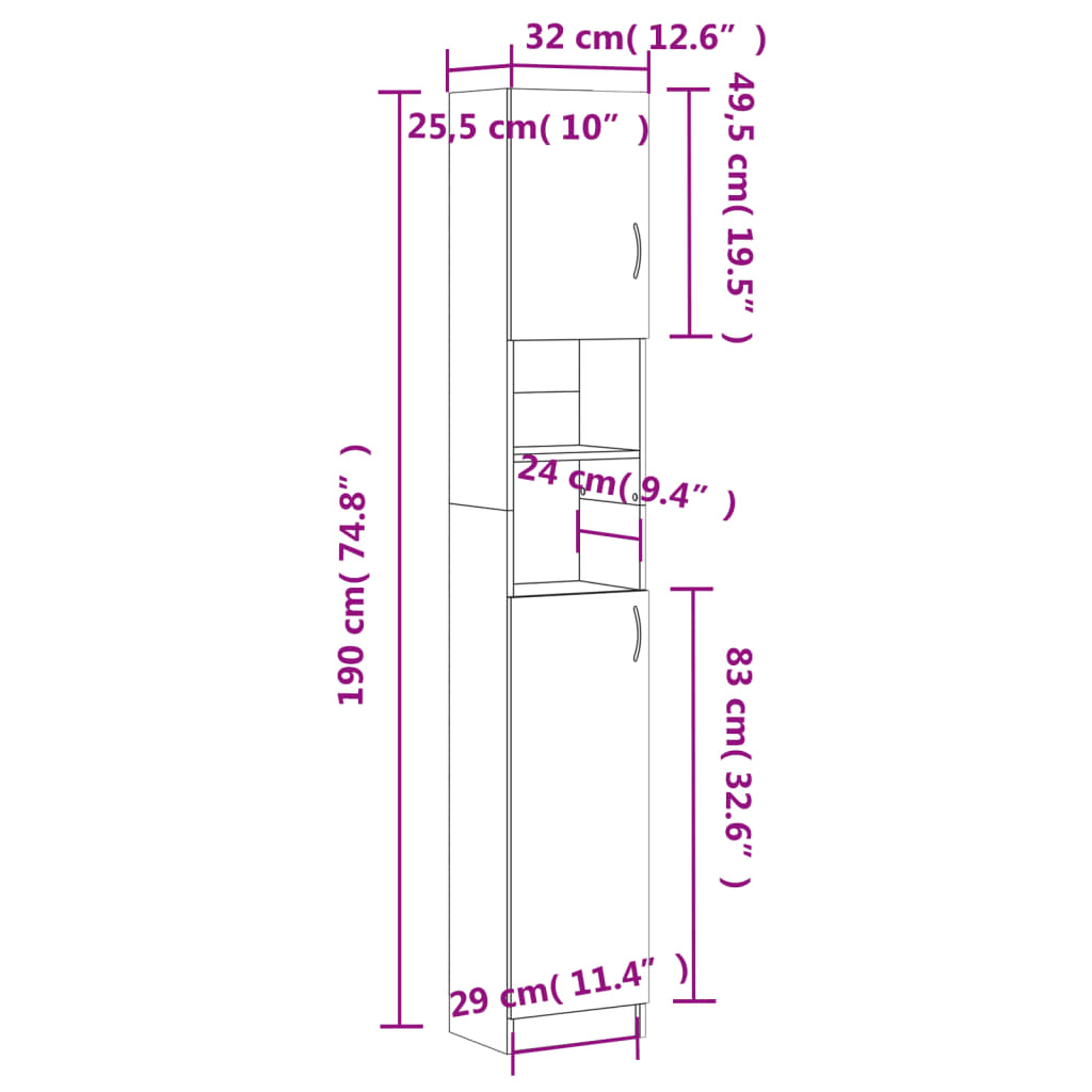 vidaXL Στήλη Μπάνιου Λευκή 32 x 25,5 x 190 εκ. από Μοριοσανίδα