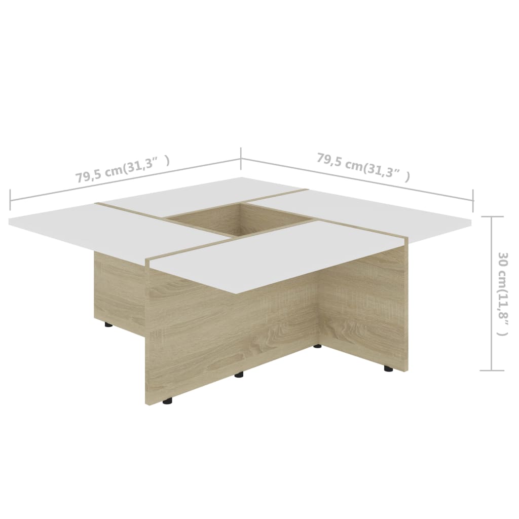 vidaXL Τραπέζι Σαλονιού Λευκό/Sonoma Δρυς 79,5x79,5x30 εκ. Μοριοσανίδα
