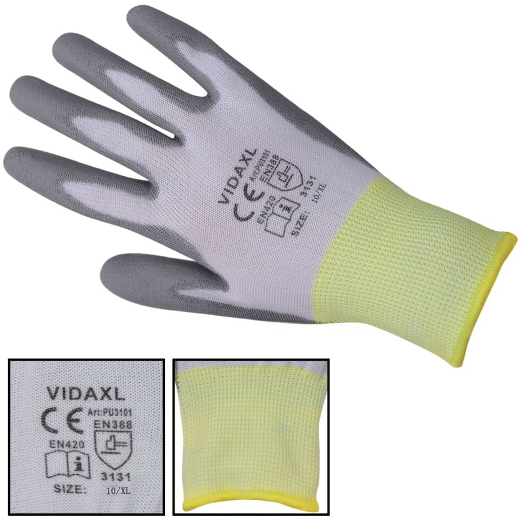 vidaXL Γάντια Εργασίας 24 Ζεύγη Λευκό/Γκρι Μέγεθος 10/XL Πολυουρεθάνη