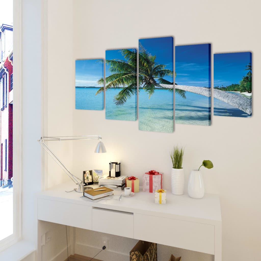 Πίνακας σε Καμβά Σετ Αμμώδης Παραλία με Φοίνικα 200 x 100 εκ.