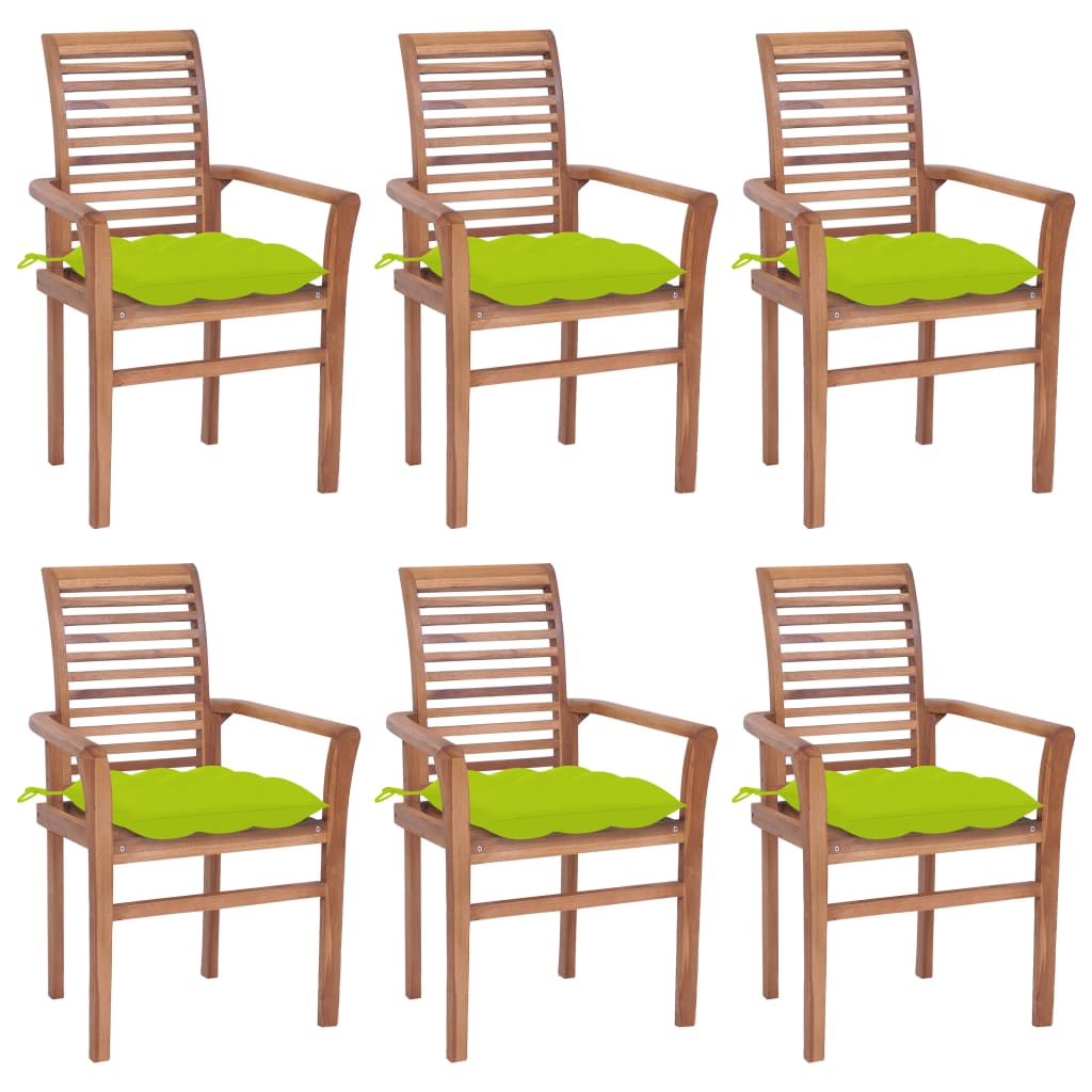 vidaXL Καρέκλες Τραπεζαρίας 6τεμ Ξύλο Teak & Ανοιχτ. Πράσινα Μαξιλάρια