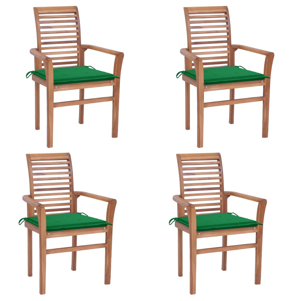 vidaXL Καρέκλες Τραπεζαρίας 4 τεμ. Μασίφ Ξύλο Teak / Πράσινα Μαξιλάρια