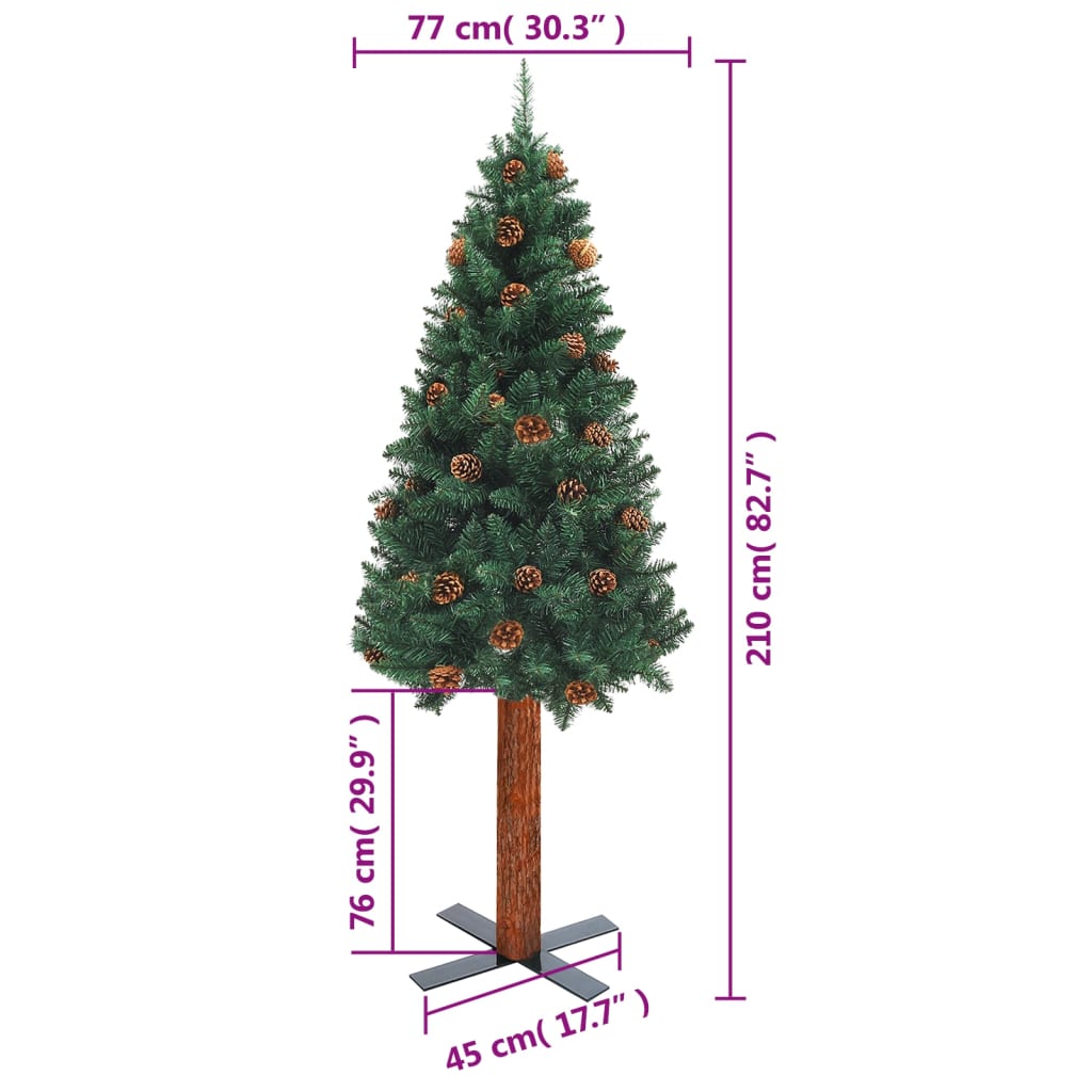 vidaXL Χριστουγ. Δέντρο Slim Πράσινο 210εκ. PVC Αλ. Ξύλο/Κουκουνάρια