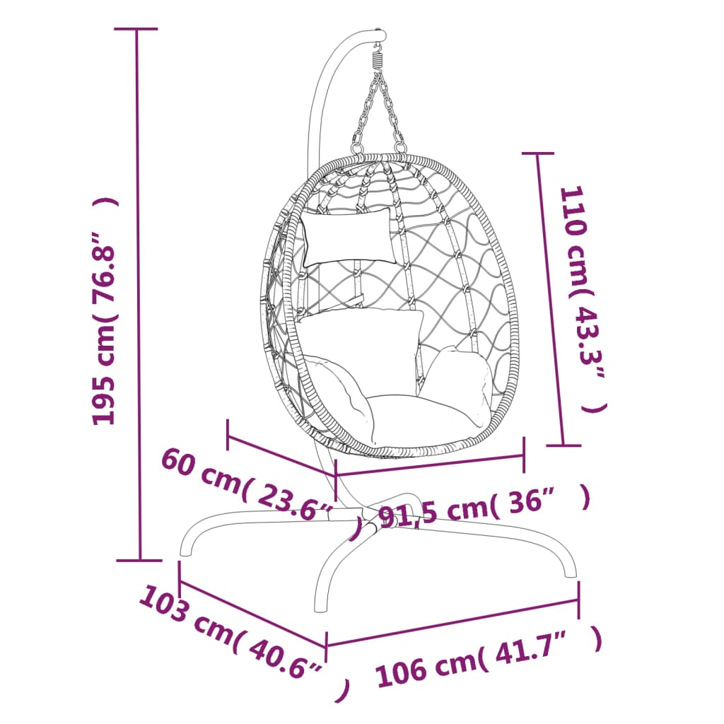 vidaXL Καρέκλα Egg Κρεμαστή με Μαξιλάρι Ανθρακί Συνθ. Ρατάν / Ατσάλι