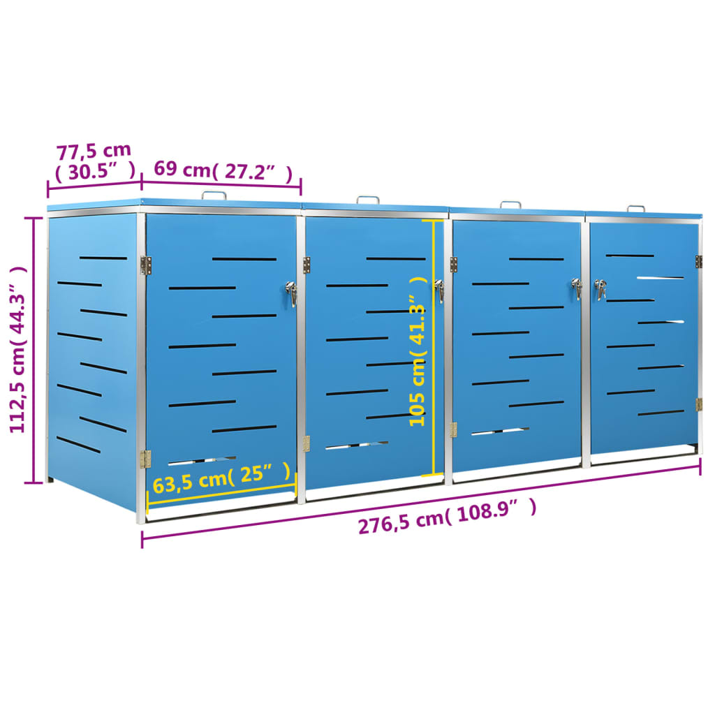vidaXL Πλαίσιο Κάδων Απορρ. Τετραπλό Ρόδες 276,5x77,5x115,5εκ Αν. Ατσ.