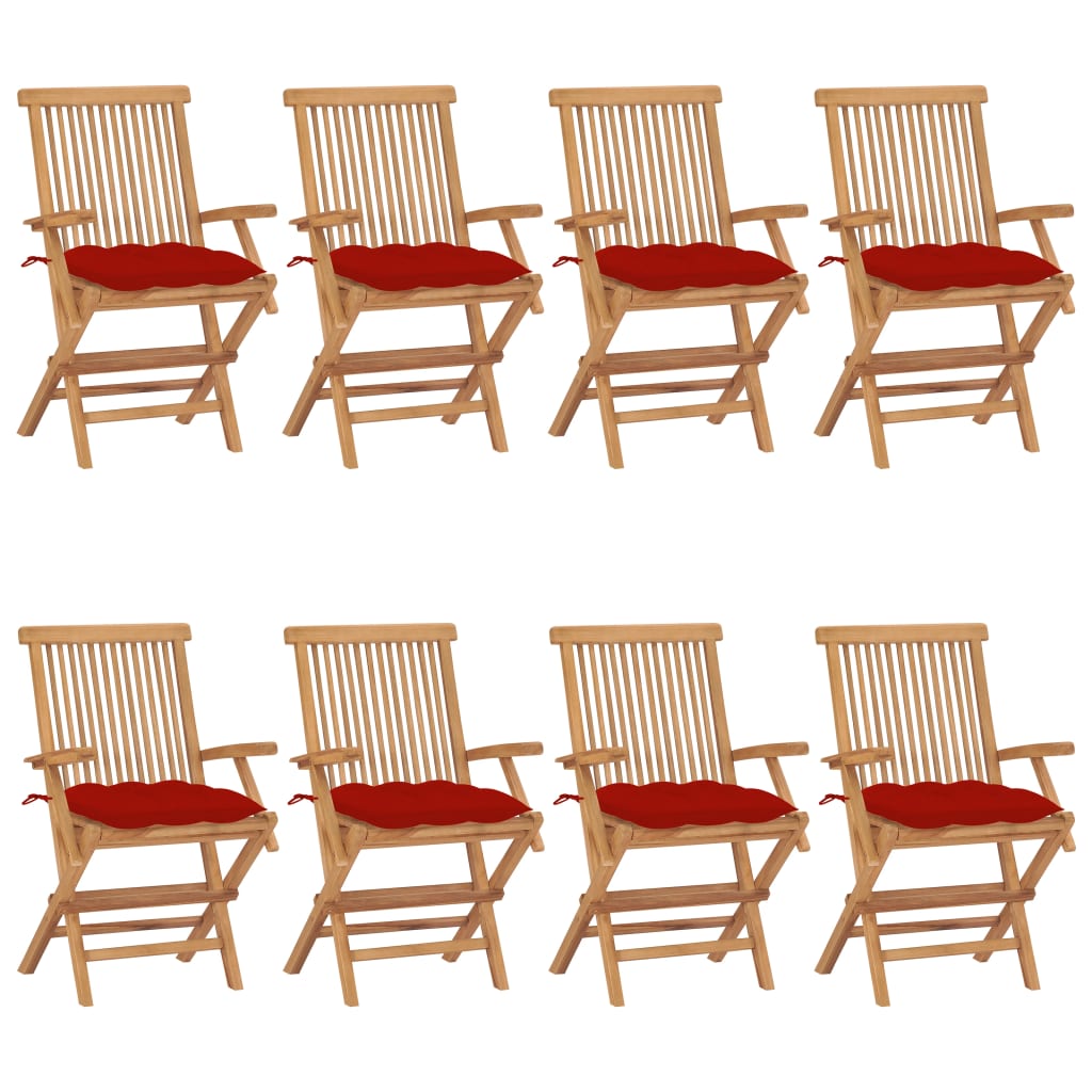 vidaXL Καρέκλες Κήπου 8 τεμ. από Μασίφ Ξύλο Teak με Κόκκινα Μαξιλάρια