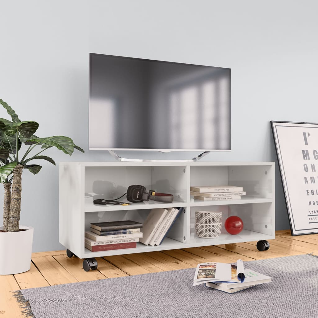 vidaXL Έπιπλο TV με Ρόδες Γυαλιστερό Λευκό 90x35x35 εκ. Μοριοσανίδα