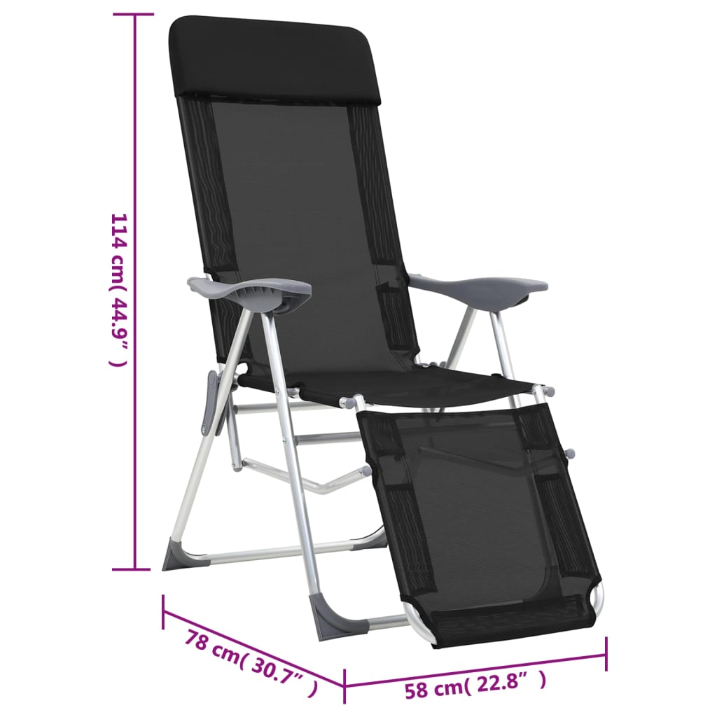 vidaXL Καρέκλες Κάμπινγκ Πτυσσόμ. με Υποπόδια 2 τεμ. Μαύρες Textilene