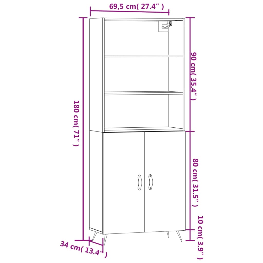 vidaXL Ντουλάπι Γυαλιστερό Λευκό 69,5x34x180 εκ. Επεξεργασμένο Ξύλο