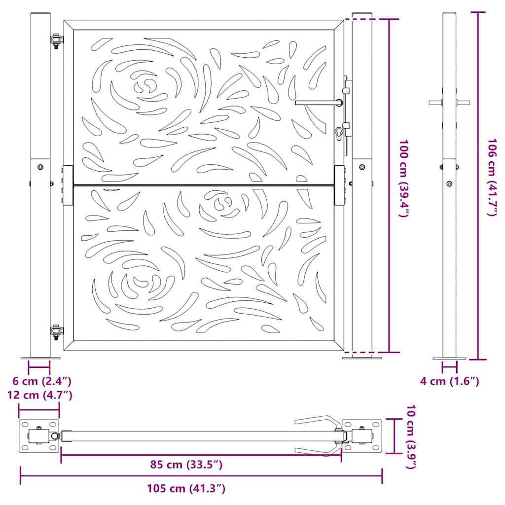 vidaXL Πύλη κήπου Μαύρη 105x106 cm Ατσάλινη φλόγα σχεδιασμού