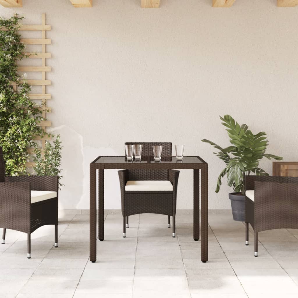 vidaXL Τραπέζι Κήπου με Γυάλινη Επιφάνεια Καφέ 90x90x75 εκ Συνθ. Ρατάν